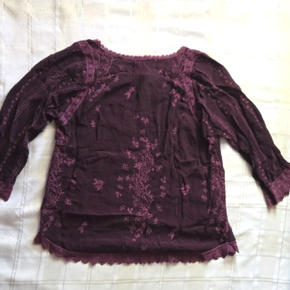 Johnny Was Purple Embroidered 3/4 Sleeve Blouse - Picture 10 of 13